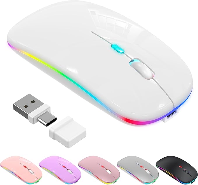 LED Bluetooth Wireless Mouse for MacBook Air Mac Pro Laptop Computer iPad, Rechargeable Silent Light-Up Mouse Jiggler Optical Dual Mode BT5.2 & USB-A/USB-C for Students, Kids, Girls, Boys - White