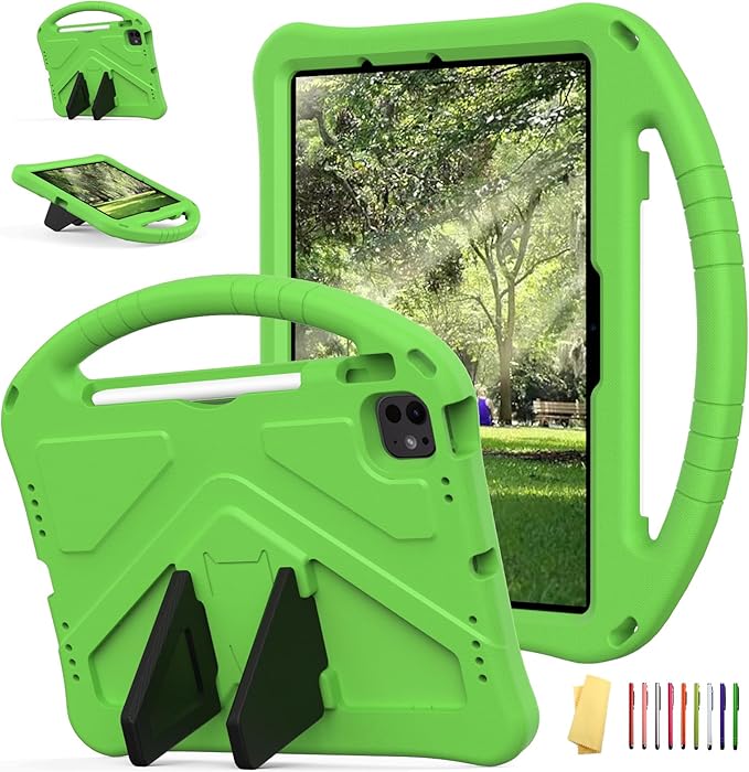 Kids Case for iPad Air 11 inch M4/M3/M2 (2026/2025/2024) with Pencil Holder/Shockproof Handle/Kickstand/Slim Lightweight Soft EVA Foam Folio Stand Tablet Protective Girls Boys Cover, Green