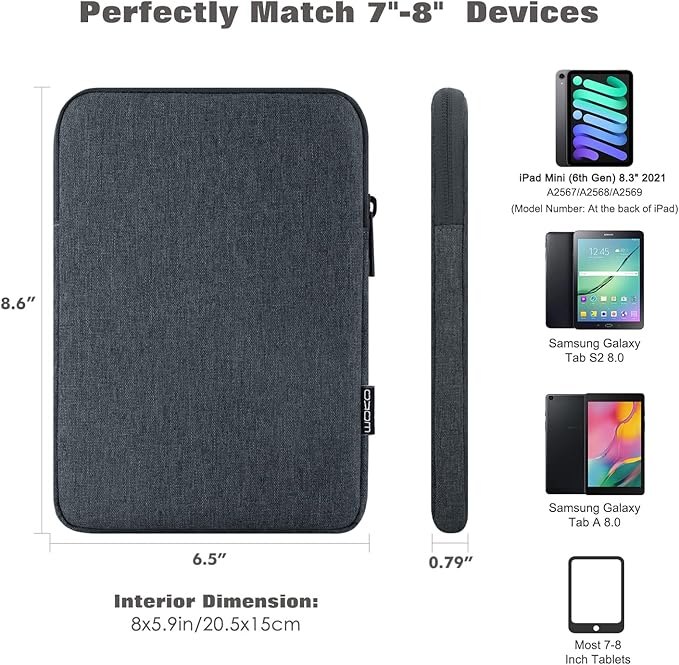 MoKo 7-8 Inch Tablet Sleeve Bag, Polyester Pouch Cover Case Fits iPad mini (A17 Pro) 8.3" 2024, iPad mini 6/5/4/3/2/1, Samsung Galaxy Tab S2 8.0, Tab A 8.0, ZenPad Z8s 7.9,Space Gray