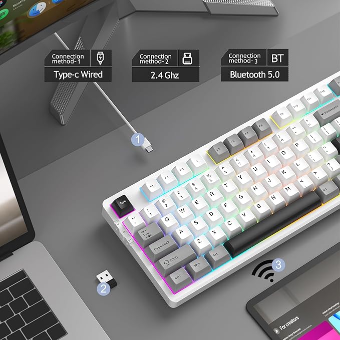 MageGee LIGHT87 Wireless Creamy Keyboard, Gasket Structure Hot Swappable Mechanical Keyboards, 2.4G/USB-C/BT5.0 RGB Backlit Gaming Keyboard for Win/Mac/PC, 8000mAh Battery, PBT Keycaps, Grey