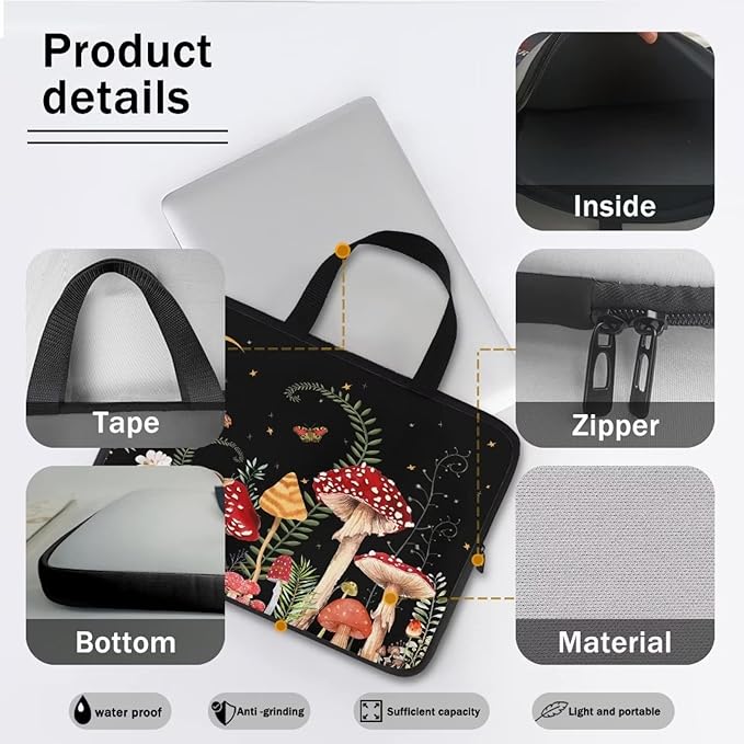 10 Inch Mushroom Laptop Sleeve, Protective Tablet Case with Handle, Shockproof Computer Bag Carrying Case Portable Notebook Cover Messenger Briefcase for Travel/Business/School/Men/Women