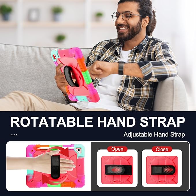 for iPad 6th Generation/iPad 5th Gen/iPad Air 2/iPad Pro 9.7" Case with Cute Key Chain, Rugged Protective Case with Rotating Stand & Shoulder Hand Strap for iPad 6th/5th/ Air 2 (Rainbow Rose)