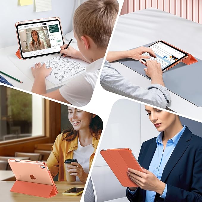 MoKo for iPad Air 11 inch Case (M4/M3/M2) 2026/2025/2024, iPad Air 5th/4th Gen 10.9 inch Case 2022/2020 with Pencil Holder, Slim Light Trifold Cover with Hard PC Translucent Back Shell, Orange