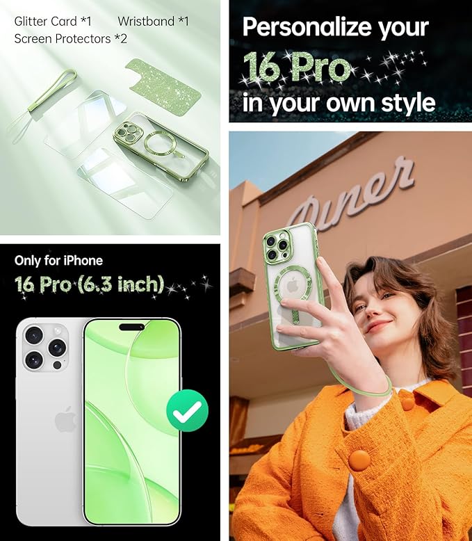 Meifigno Case Designed for iPhone 16 Pro 6.3 Inch, [Compatible with MagSafe] [2X Screen Protectors] [Glitter Card & Wrist Strap] Surround Lens Protection Designed for iPhone 16 Pro Case, Grass Green