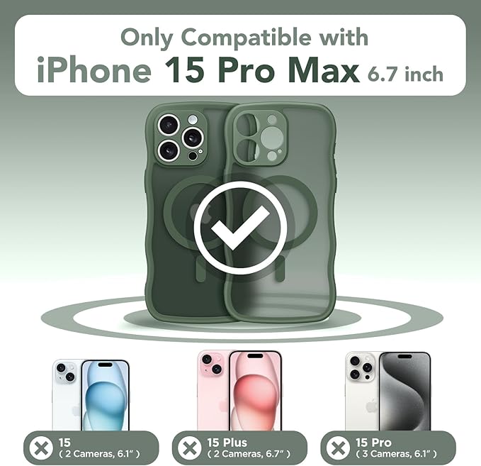 CAPRARO Cute for iPhone 15 Pro Max Case, Compatible with MagSafe, [Curly Wave Edge] [Full Camera Protection] [14 FT Drop Protection] Magnetic Phone Case for 15 Pro Max 6.7 Inch, Deep Green