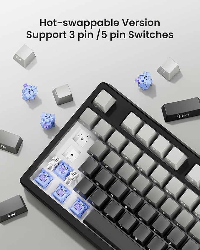 Kisnt KN85 Wireless Mechanical Gaming Keyboard, 75% Layout with RGB Backlit, Custom Hot Swappable, Creamy Sound, Bluetooth/2.4GHz/USB-C Compatible with Windows/Mac/PC(Gradient Gray, Side Printed)