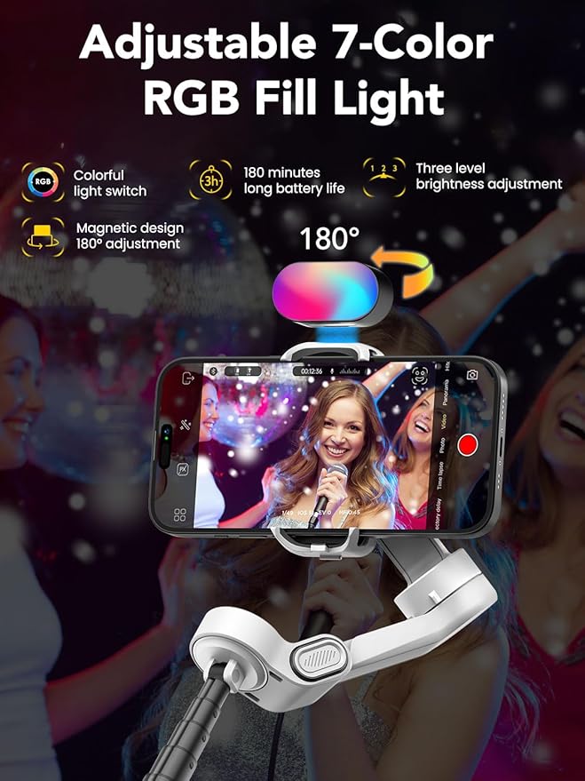 AOCHUAN Smart X2 3-Axis Gimbal Stabilizer for Smartphone with Adjustable RGB Fill Light, Built-in 20cm Extension Pole Selfie Stick, OLED Screen for Night Shots, Video Recording,X2 KIT White