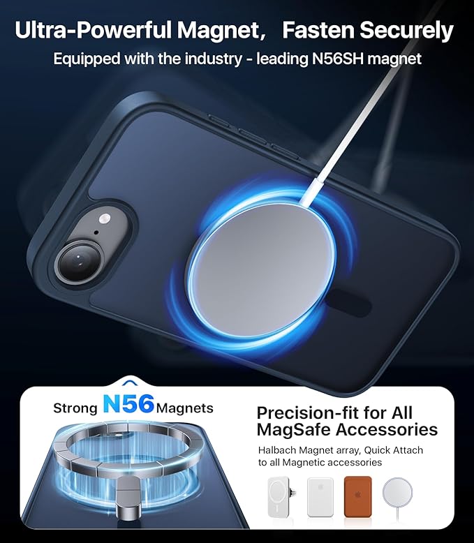 Eastinbox Magnetic Shockproof for iPhone 17e & iPhone 16e Case [Compatible with MagSafe] [Military-Grade Protection] Anti-Yellowing, Matte Protective Phone Case for iPhone 17 e/16 e 6.1", Blue