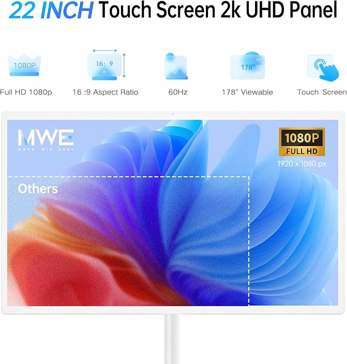 22 Inch Portable TV on Wheels, 2K Smart Touch Screen Rolling TV LCD Display with Wires plugged in use, Android OS, Type-C, USB, HDMI Port, Support Wireless Mouse Keyboard