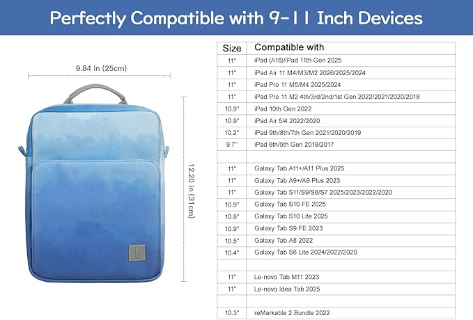 Dadanism 9-11 Inch Tablet Sleeve Bag Carrying Case with Shoulder Strap for iPad (A16) 11", iPad 10th Gen 10.9", iPad Air M4/Pro M5 11", iPad 9/8/7th 10.2", Galaxy Tab A11+ Plus 11", Misty Blue