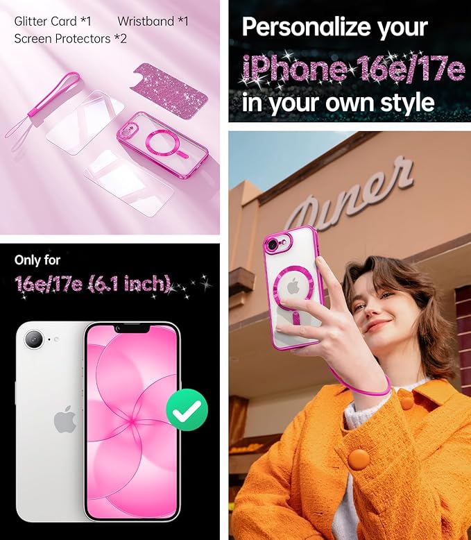Meifigno Designed for iPhone 17e/16e Case 6.1", [Compatible with MagSafe] [Glitter Card & Wrist Strap] [2X Screen Protectors] Surround Raised Lens Protection Phone Case for 17e/16e, Hot Pink
