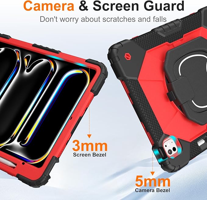 Case for iPad Pro 13 Inch M5 2025 / M4 2024, Auorld for iPad Pro 13 Inch M5 2025 with Screen Protector, 360 Degree Rotating Stand Shoulder Strap Pencil Holder, Black Red
