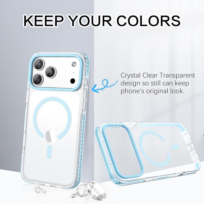 BENTOBEN Magnetic for iPhone 17 Pro Max 6.9" Case, Compatible with Magsafe Military Shockproof Protective Bumper Cute Transparent Slim Anti-Yellowing Phone Case for iPhone 17 Pro Max Cover, Clear Blue
