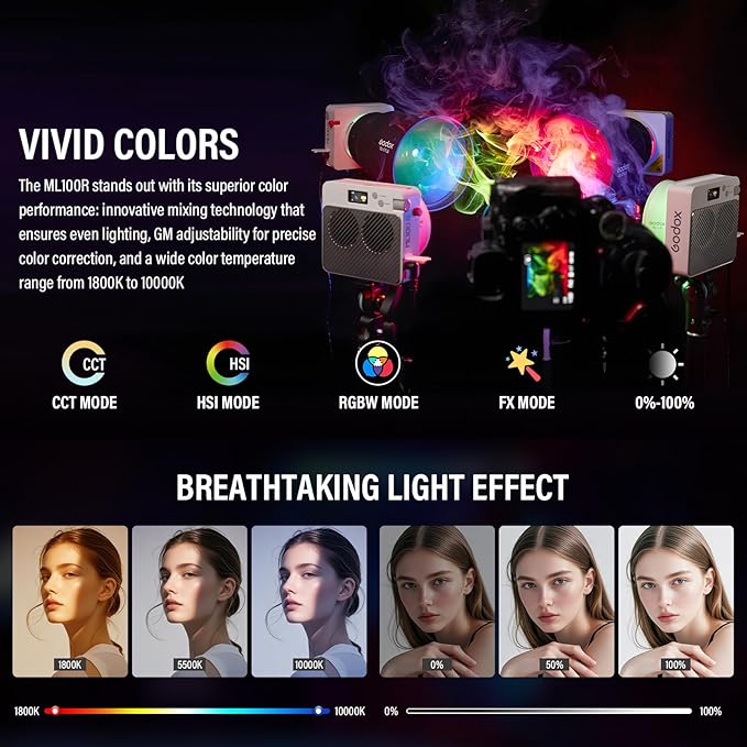 Godox ML100R RGB LED Video Light with Battery Grip & Carry Case, 110W Full-Color, 1800K-10000K CRI 97+/TLCI 98+, 14 FX Effects APP Control Portable Video Light for Studio/Streaming/Outdoor Photography