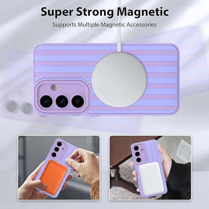 KANGHAR Compatible with Samsung Galaxy S25 Case, Support for MagSafe, Silicone Stripes Cute Pattern, Wristband Kickstand Camera Protection Soft Slim Cover for Girls Women -Purple