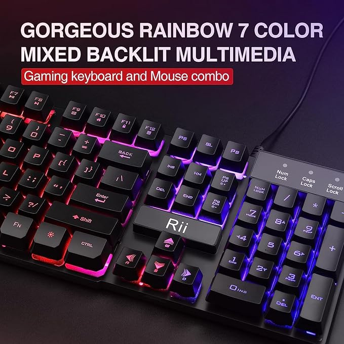 Rii Keyboard and Mouse Set, Rainbow LED Backlit Multimedia PC Keyboard, Colorful Breathing Backlit Gaming Mouse for Work or Play