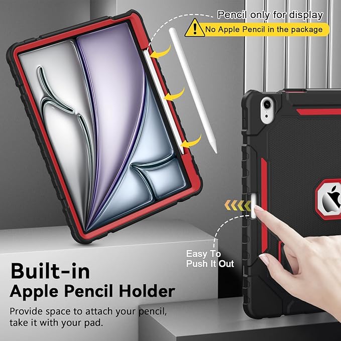 Grifobes Case for iPad Air 13-inch (M4/M3/M2) 2026/2025/2024, Heavy Duty Shockproof Rugged Protective Cover with Pencil Holder/Built-in Stand for i Pad Air 13" (Black+Red)