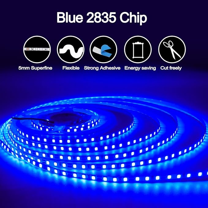 12V LED Strip Lights, 5mm Wide Ultra Narrow Blue 16.4ft SMD 2835 IP20 120 LEDs/M, Total 600 LEDs Rope Light Strip for Bedroom, Kitchen, Advertising Decoration