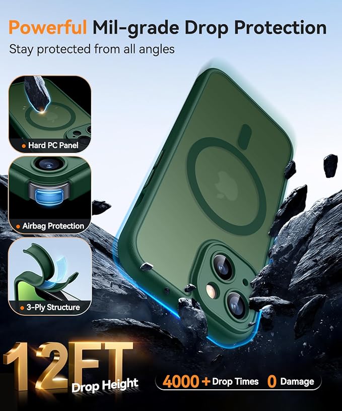 CANSHN Magnetic for iPhone 14 Plus Case, Upgraded [Full Camera Protection] [Compatible with Magsafe] [Translucent Matte] Shockproof Protective Phone Case for iPhone 14 Plus 6.7" - Deep Green