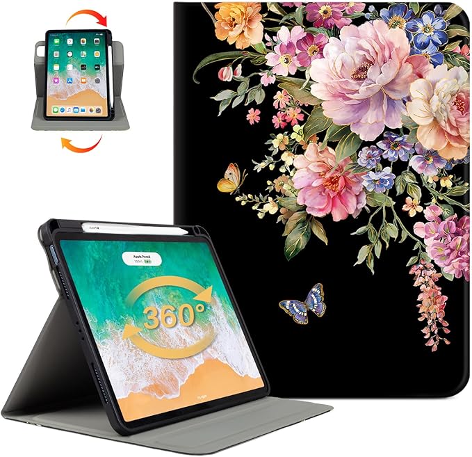 Vimorco for iPad Air 11 Inch Case M4 2026,for iPad Air 5th/4th Gen Cases 10.9-inch,for iPad Pro 11 Inch Case 4th/3rd/2nd/1st Generation 360 Degree Rotating Pencil Holder 4 Viewing Angles, Black Flower