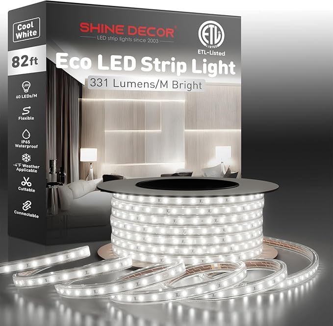 Shine Decor LED Strip Light Easy Connectable, 6000K Cool White Cold Resist Weatherproof Plug-in for Indoor Outdoor, 101 LM/FT Dimmable Bright Eco Rope Lighting 82FT, 120V Whole Set ETL Listed