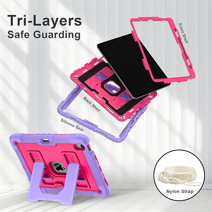 Kids Friendly Case for iPad Air 11 Inch M4 M3 M2 2026/2025/2024 Case with Pencil Holder & Shoulder Strap, Military Grade Shockproof Kickstand Hard Shell Protective Cover,Rose+Purple