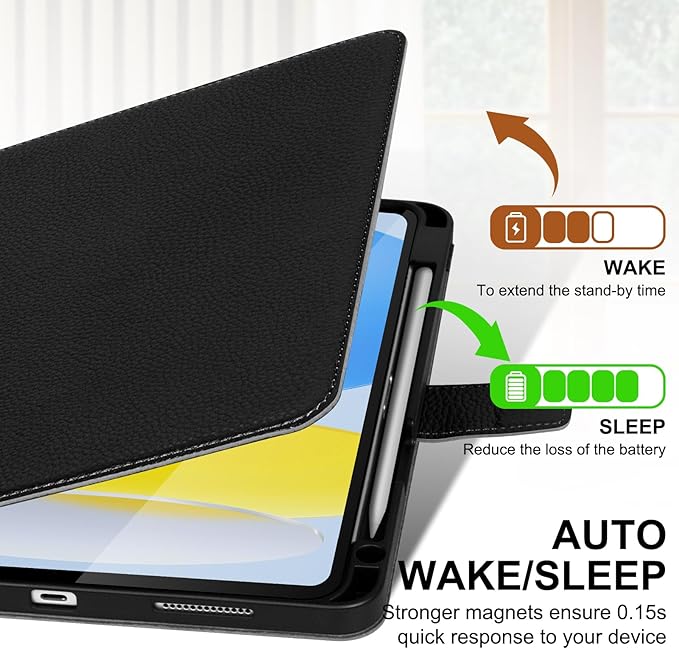 Genuine Leather Case for iPad 11th Gen 11" (2025/A16) & 10th Gen 10.9" (2022) | with Pencil Holder and Adjustable Stand, Magnetic Closure, Auto Wake/Sleep Cover | Black