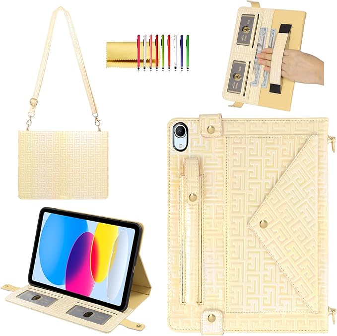 Shiny Case for iPad (A16) 2025 11"/iPad 10th Generation Handbag with Hand Strap, Techcircle Crossbody Iridescent Folio Stand Wallet Case with Pencil Holder+Card Slots+Shoulder Strap, Shiny Yellow