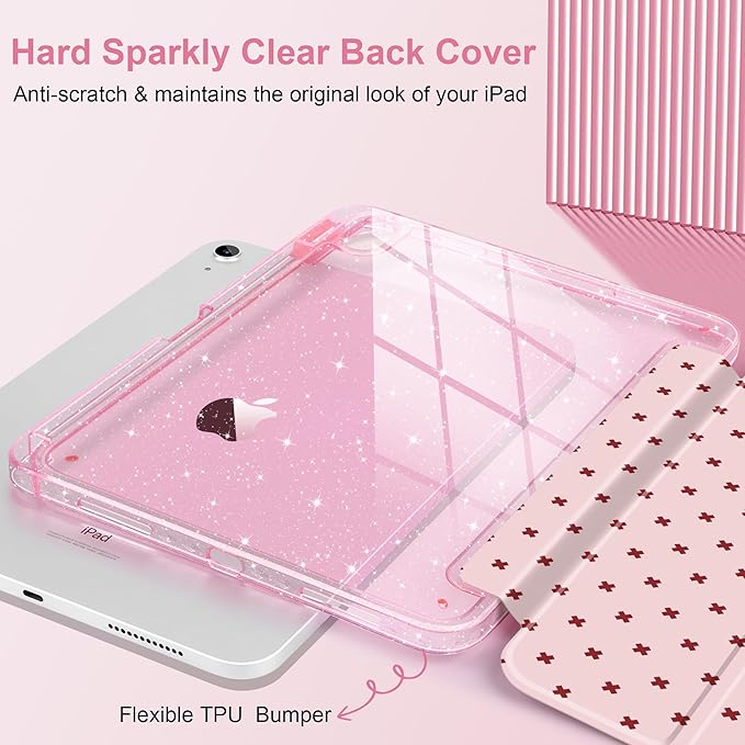 DONGKE for iPad Pro 11 inch Case – Fits M5 2025 / M4 2024, Shockproof Sparkling Glitter Acrylic Back, Pencil Holder, Trifold Stand, Auto Sleep/Wake & Touch ID Support - Pink Cross Dot