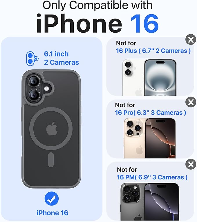 Magnetic for iPhone 16 Case, [Compatible with MagSafe][Military-Grade Drop Protection][Anti-Yellowing] Shockproof Protective Translucent Matte Cover for iPhone 16 Phone Case,Gray