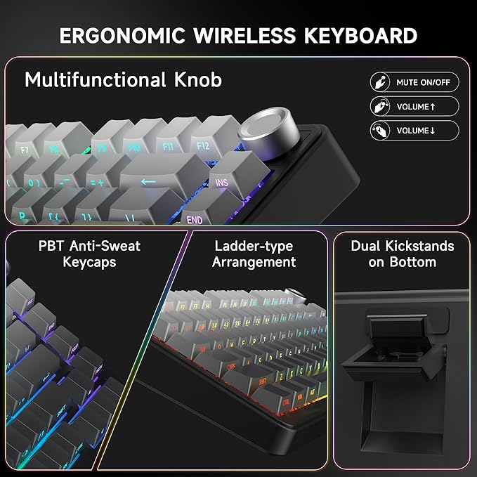 AOC GK330 Gaming Keyboard, Hot Swappable Wireless Mechanical Keyboard Support BT/2.4GHz/USB-C, RGB Backlit, Pre-lubed Reaper Switches, Anti-ghosting, 75% Gasket Custom Keyboard with Five-Layer Padding