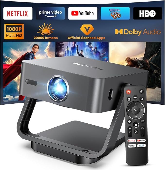 [Built-in Apps/Dolby Audio] FUDONI Smart Projector with WiFi 6 and Bluetooth, 1080P Full HD Projector with Netflix/ Prime Video/Youtube, Zoom Correction, Movie Proyector for Home & Outdoor