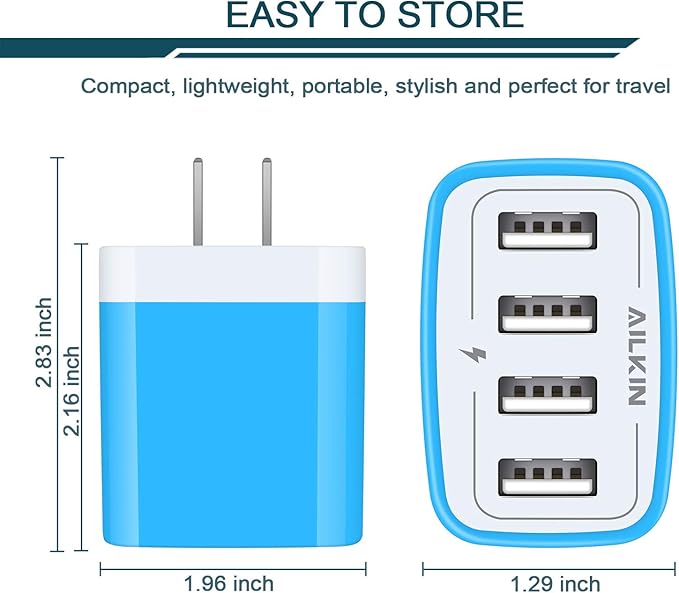Wall Charger, USB Charger Adapter, AILKIN 4.8A 4Multi Port Fast Charging Station Power Base Block Plug Cube Brick for iPhone, iPad, Samsung Galaxy, Moto, Google Pixel, Kindle Fire Plug Cargador Carro