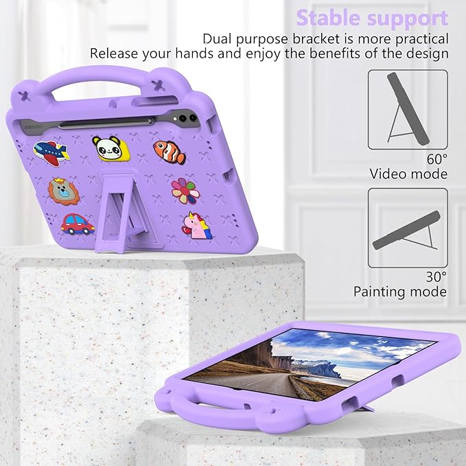 AKABEILA Compatible with Samsung Galaxy Tab S7 FE 12.4(2021)/Tab S7 Plus(2020)/Tab S8 Plus(2022) 12.4/Tab S9 Plus(2023) 12.4 Tablet Case, Shoulder Strap & Pen Tray for Girl Kid Gift Light Purple
