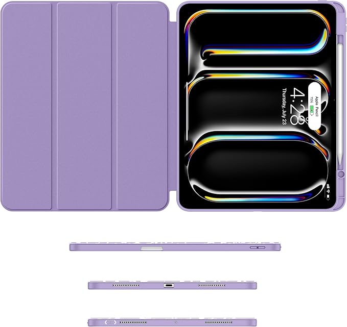 Soke Case for New iPad Pro 13 Inch (M5/M4, 2025/2024 Release), with Pencil Holder Trifold Stand Shockproof [Support Apple Pencil Charging + Auto Wake/Sleep], Soft TPU Back Cover, Book Lilac