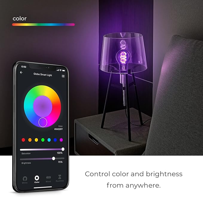 Globe Electric 35850 Wi-Fi Smart 7W (40W Equivalent) Spiral Filament Multicolor Changing LED Light Bulb, No Hub Required, Voice Activated, 2000K - 5000K, A19 Shape, E26 Base, Vintage Edison