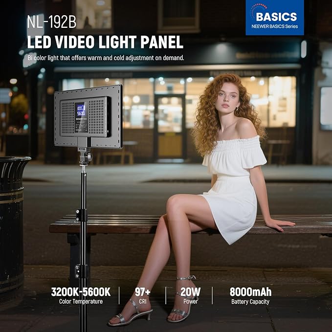 NEEWER Basics 13" LED Video Light Panel, 20W Ultra Thin Bi Color Dimmable DSLR Camera Soft Photo Key Lighting for Streaming Studio Photography Podcast Recording, 8000mAh/3200-5600K/CRI97+, NL-192B