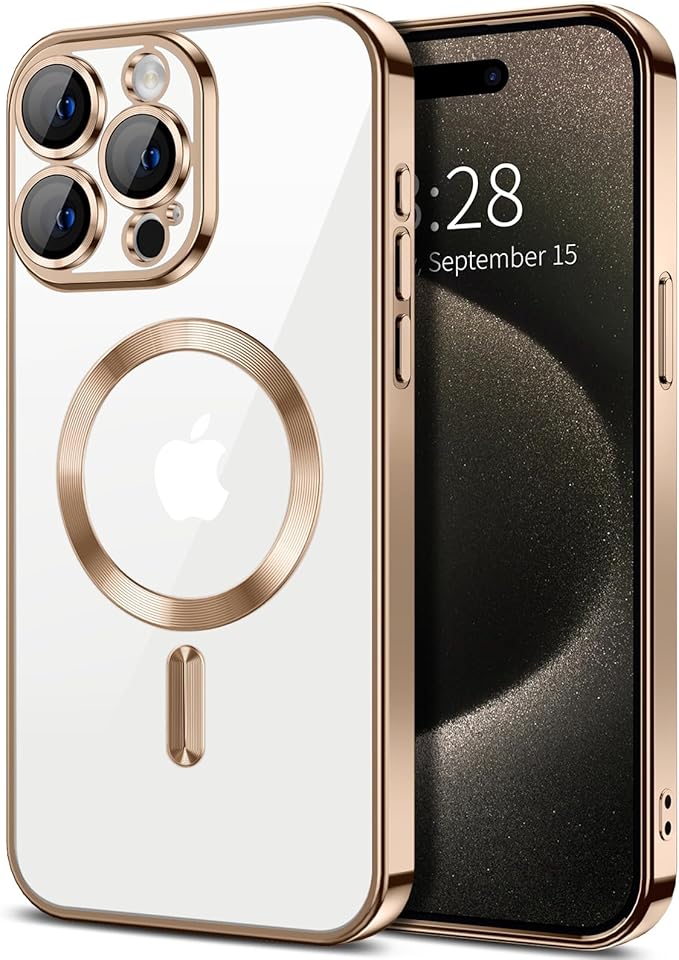 Hython Magnetic Clear for iPhone 15 Pro Case with Camera Lens Protector [Compatible with MagSafe] Luxury Plating Edge Slim Soft TPU Cover Protective Phone Case for iPhone 15 Pro 6.1", Desert Brown