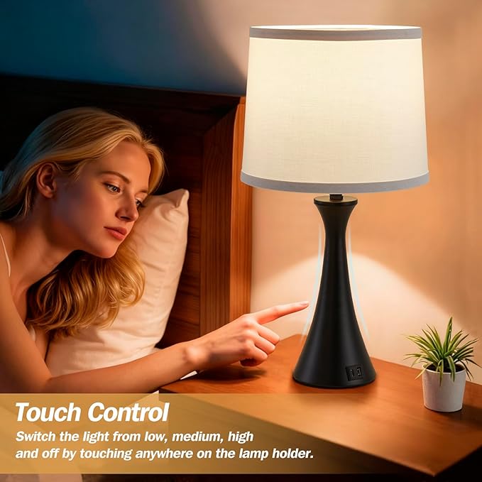 Touch Lamp for Living Room Bedroom, 21" Table Lamps Set of 2 with USB C+A Ports and White Lamp Shades, Touch Bedside Lamps for Nightstand with 3 Way Dimmable, 2 LED Bulbs Included