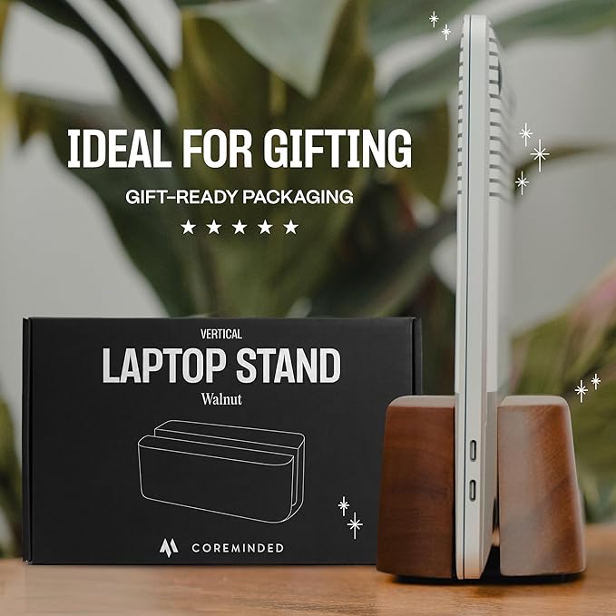 COREMINDED Adjustable Vertical Laptop Stand for Desk, Wooden Laptop Holder, MacBook Pro Stand, Wood Mac Air Dock (Solid Walnut)