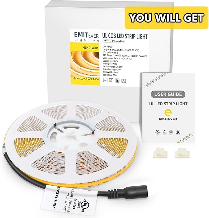 EMITEVER COB LED Strip Lights Warm White, 2700K Tape Light Premium High Density, DC 24V, 305+Lumens/ft, 1200LEDs/Spool, Ra 90+, 8.2ft, 3W/ft, UL Listed 5 Year Warranty (Power Supply Sold Separately)