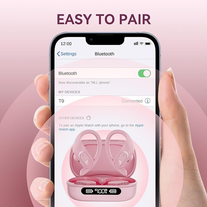 occiam Active Noise Cancelling Wireless Earbuds Bluetooth Headphones Ear Buds 96Hrs Playback Clear Call Waterproof Earphones with Ear Hook Microphones for Sport Running Pink