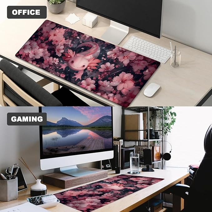 Cute Axolotl Gaming Mouse Pad – 12x31.5in Large Extended Desk Mat with Adorable Pink Salamander Design – Non-Slip Rubber Mousepad for Office Home – Deskmat Gifts for Ocean Lovers Decor