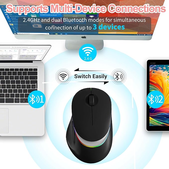 Ergonomic Vertical Mouse Wireless Bluetooth Rechargeable Silent Portable Ergo Mice with RGB LED Light & 2.4G USB Receiver, for PC Laptop Tablet Computer, Office Home, Adult Student Kids Gift-Black