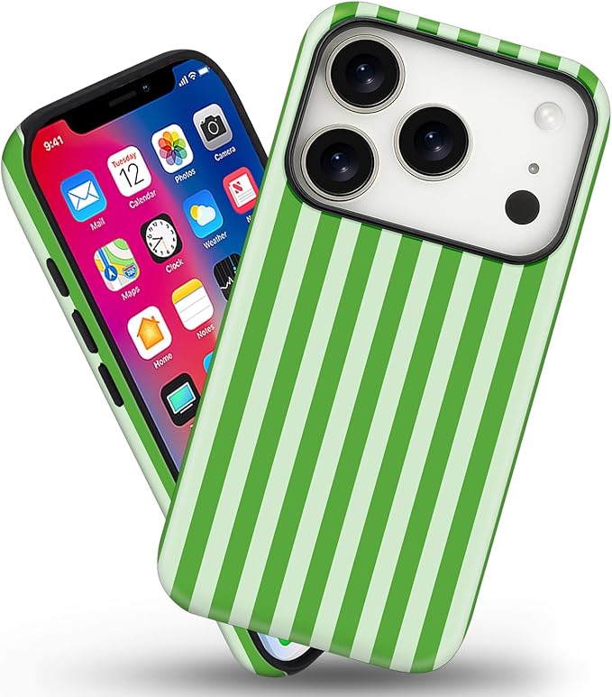 Magnetic for iPhone 17 Pro Max Case Cute Stripes Phone Case, Shockproof Slim TPU and Hard PC Protective Phone Cover Compatible with MagSafe Designed for Women Girls, Deep Green