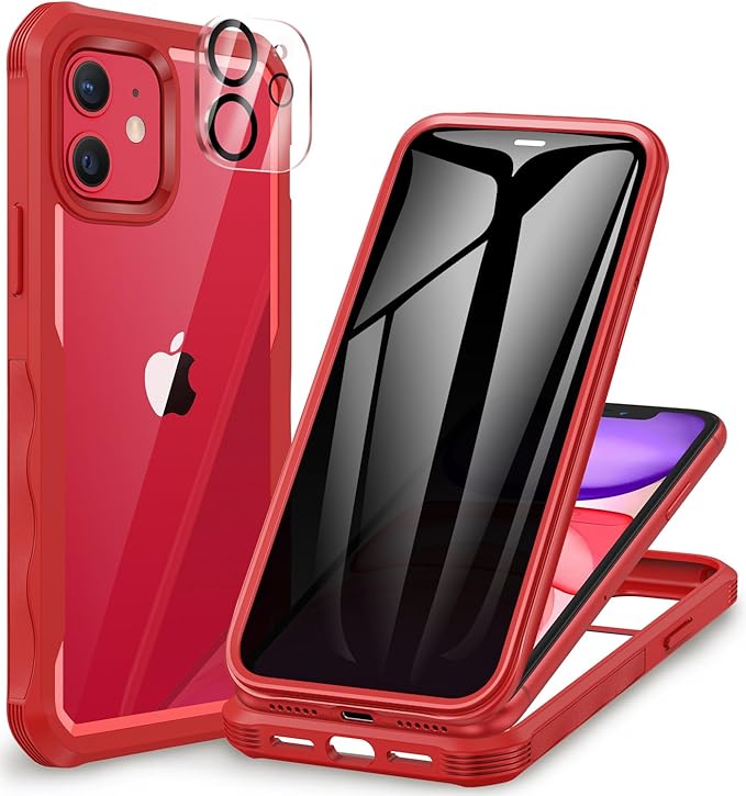 CENHUFO Privacy for iPhone 11 Case, Full Body Phone Case with Built-in 9H Tempered Glass Privacy Screen Protector and Camera Lens Protector, Anti Peep Spy Shockproof Bumper Clear Cover - Red