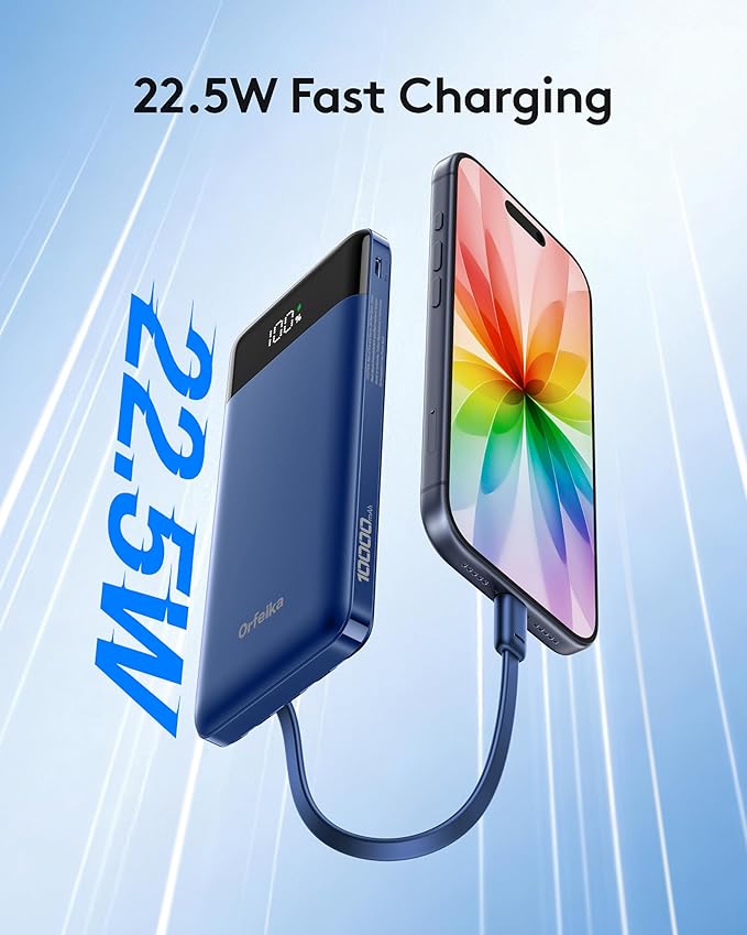 Orfeika Portable Phone Charger, 10000mAh Portable Charger Power Bank with Built-in Cables, Travel Essential Battery Pack Compatible with Samsung, iPhone, Google, iPads, Tablets, etc