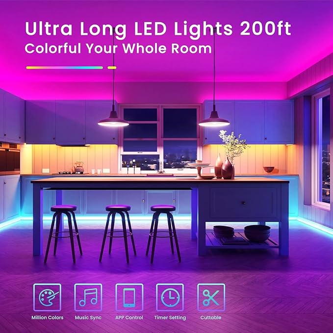 TJOY 200ft Bluetooth LED Strip Lights, Long Strip Lighting Music Sync, RGB Color Changing LED Lights for Bedroom with Remote,Smart Phone APP Control, Ceiling Living Room Decor (APP+Remote+Mic/2 Roll)