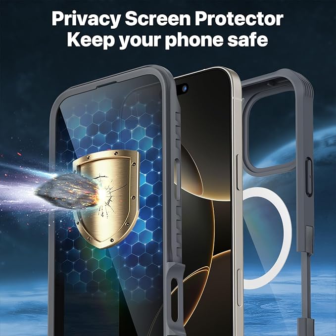 CENHUFO Magnetic Privacy for iPhone 16 Pro Max Case [Compatible with Magsafe] Full Body Phone Case Built-in 9H Tempered Glass Privacy Screen Protector Camera Lens Protector, Shockproof Cover - Gray