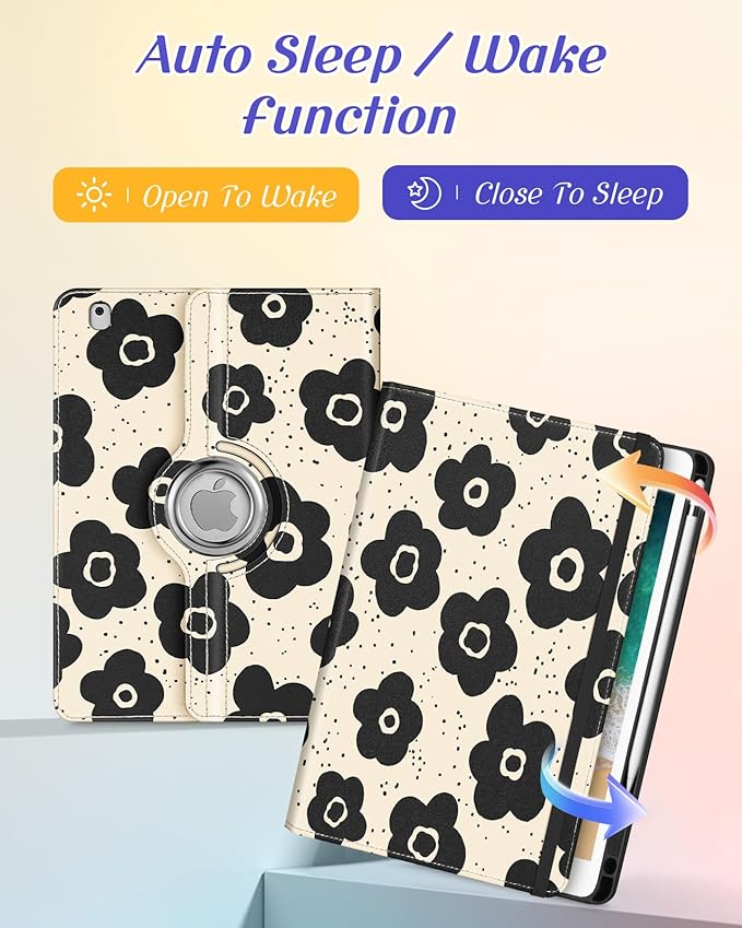Kidcube for iPad 5th Generation Case 2017/Air 1st 2013/Pro 9.7 Inch Case 2016 - Women Girls Kids Cute Rotating Stand Folio Cover with Pencil Holder & Card Slot Girly Black Flowers Floral Design Cover